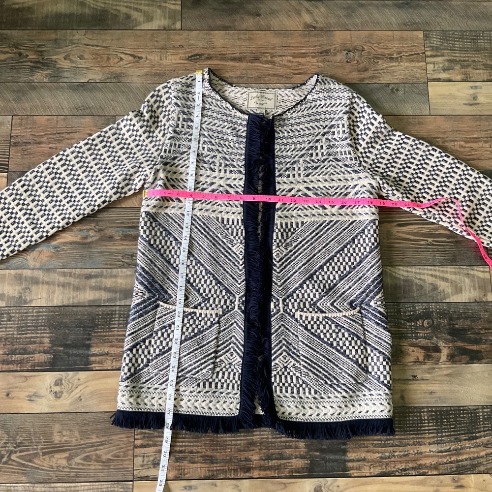 Lucky Brand Open Front Cardigan Women Medium Blue Cream Woven Fringe Aztec - Picture 11 of 16